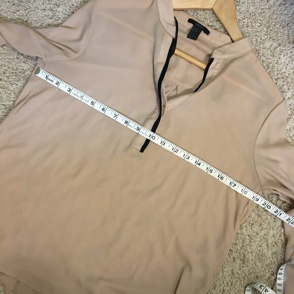 Classy Sheer Bisque and Black Trim Tunic Neck Blouse - Picture 13 of 16